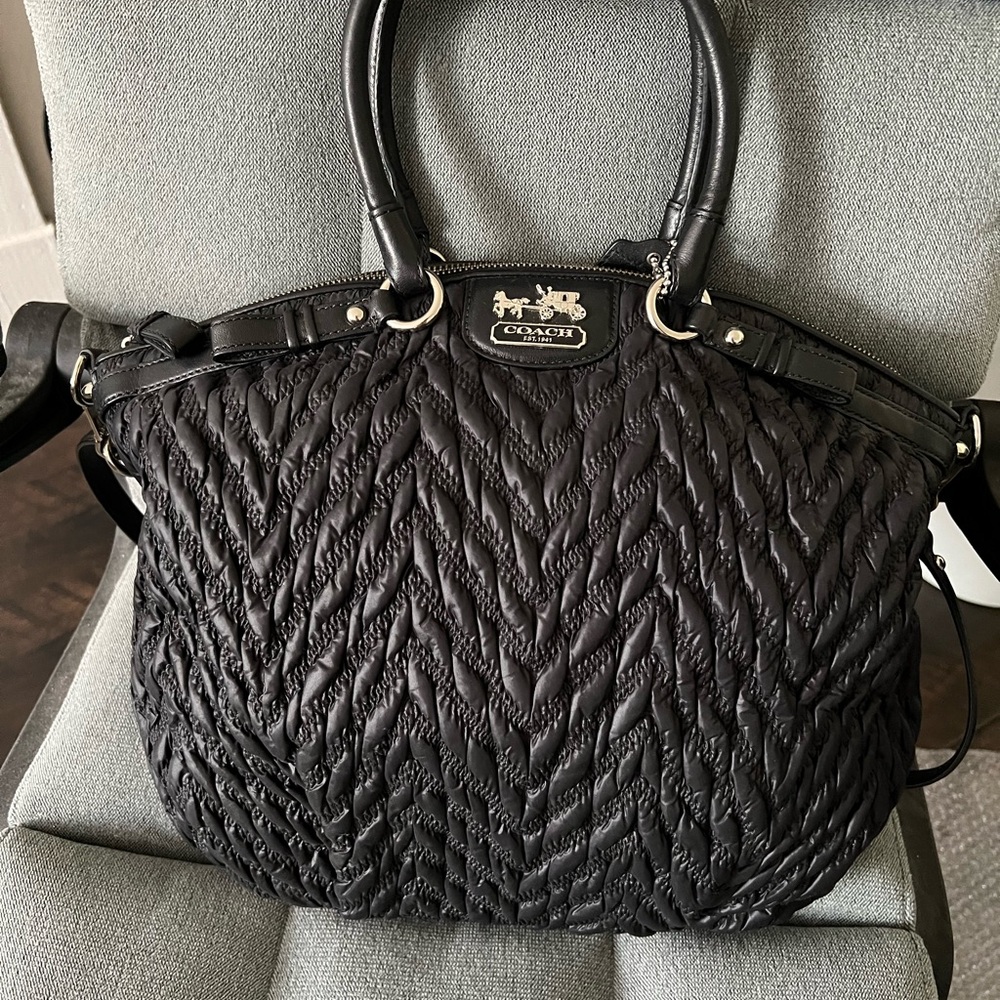 COACH 70 Anniversary Large MADISON Nylon CHEVRON Quilted Satchel Bag Black